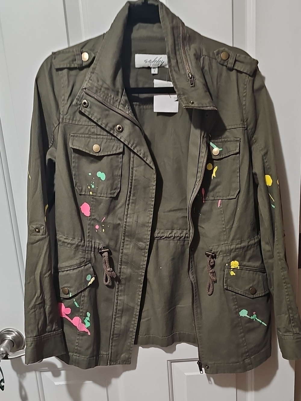 Women's Sebby Olive Utility Jacket with Neon Paint Splatter Accents NWT